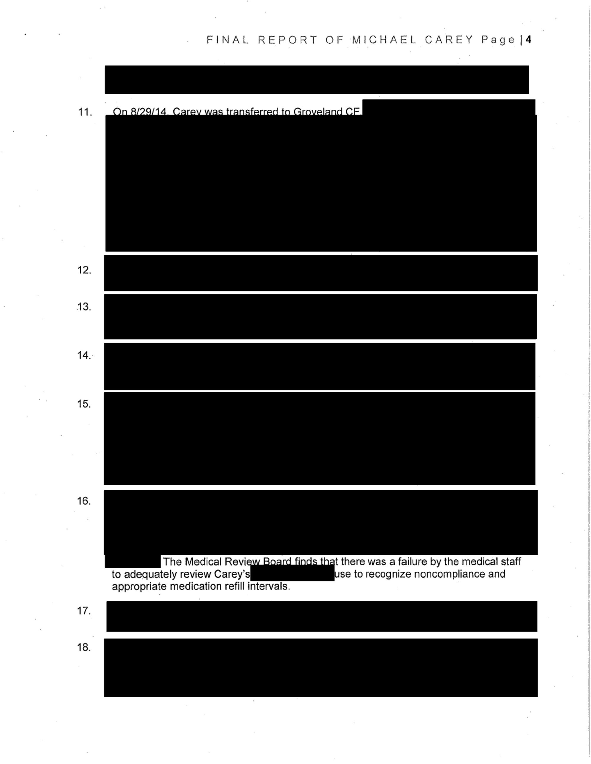 A page of text (number four of nine) in a report on Michael Carey’s death shows redactions in the form of black rectangular blocks over text. 