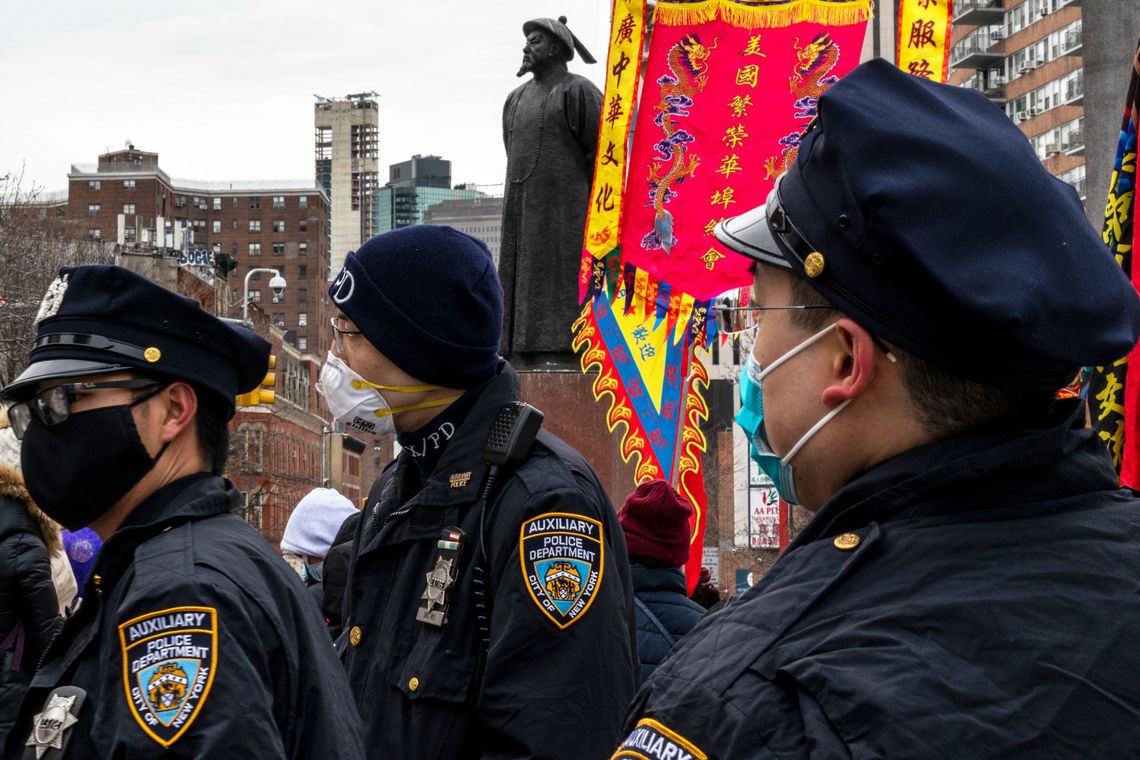 NYPD auxiliary officers attend Lunar New Year celebrations in Manhattan’s Chinatown, Feb. 12, 2021.