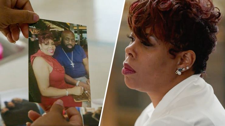 Left, a Black woman holds a photo of herself in a red dress sitting alongside her husband, a Black man with a beard wearing a blue T-shirt and a gold crucifix chain; right, the Black woman with short hair, earrings and a white shirt, looks into the distance. 