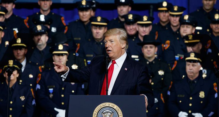 President Donald Trump speaks to law enforcement officials in Brentwood, N.Y., in July.