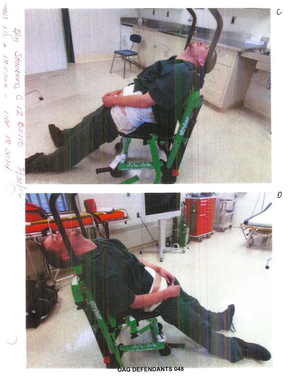 Chad Stanbro, a White man, wearing a green prison uniform, lies unconscious on a chair, visible in the top photo from his left side, and in the bottom photo from his right side. 