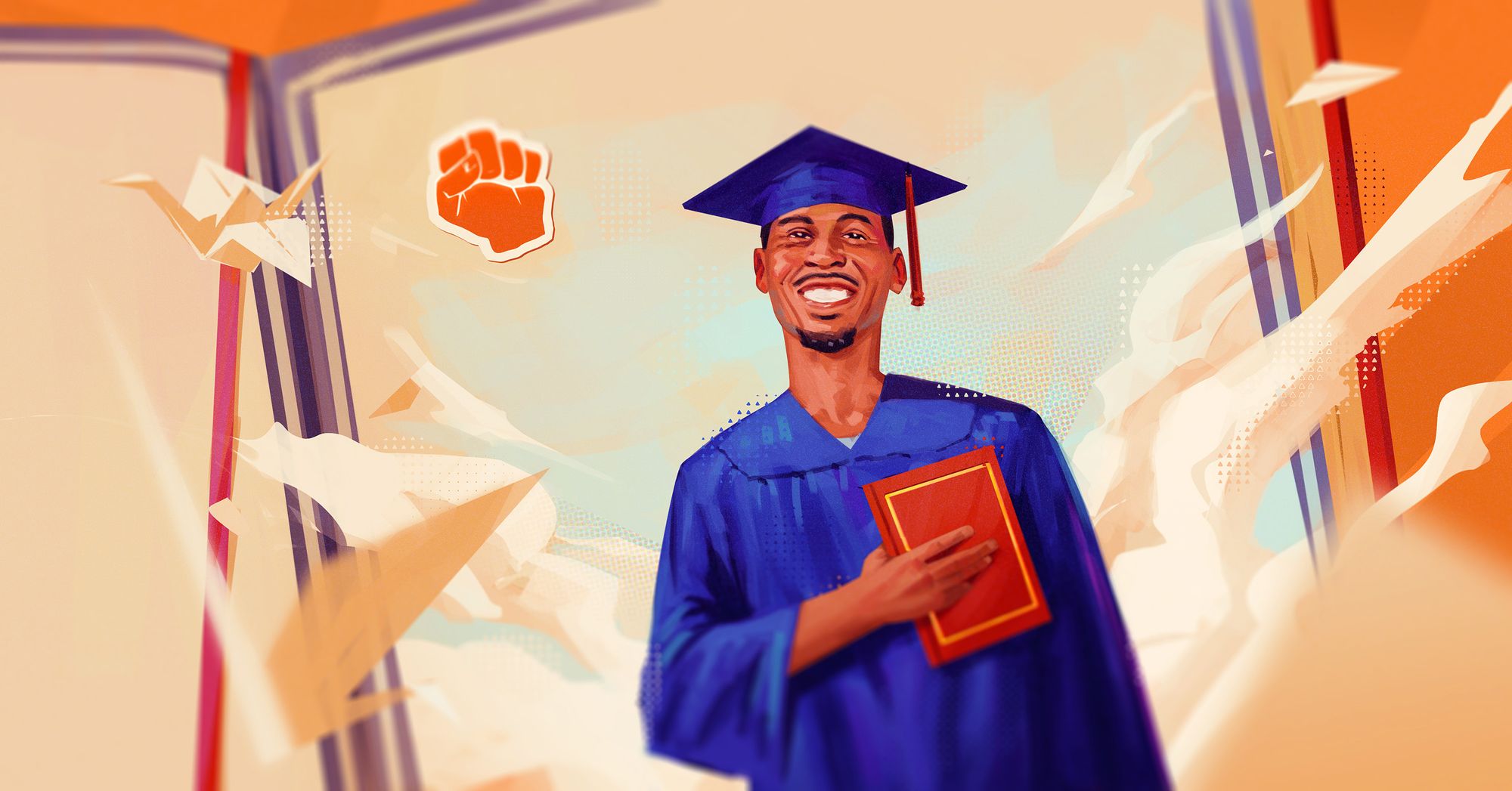 An illustration shows a Black man next to a Black power symbol in a blue graduation cap and gown, holding an orange diploma cover, as paper cranes fly around him.