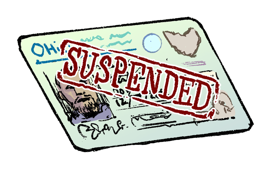 In an illustration, the word “suspended” is stamped in red over a Black man’s Ohio driver’s license. 