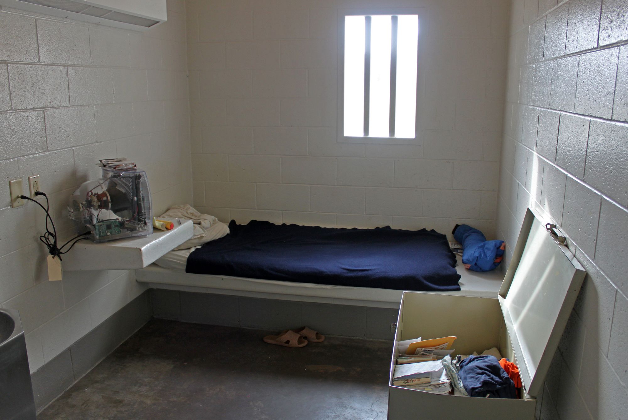 A segregation (solitary confinement) cell at Alger Correctional Facility, where men in the Incentives in Segregation program work their way to placement in general population through good behavior.   At stage 4 prisoners are allowed to watch television. 