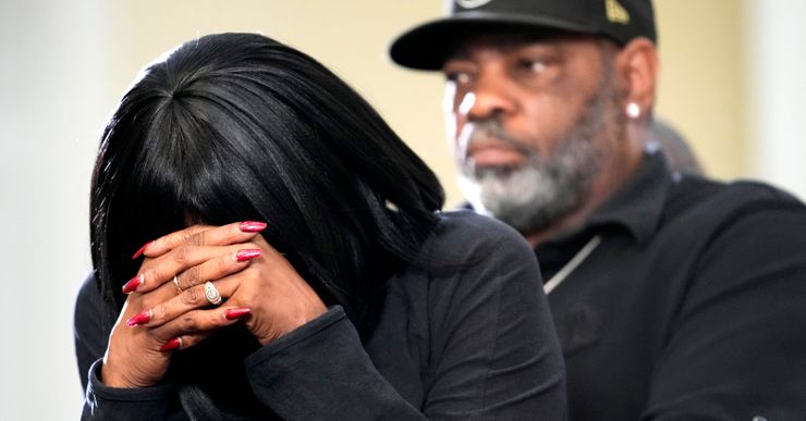 RowVaughn Wells, mother of Tyre Nichols, cries at a news conference in Memphis, Tenn. on Monday. Nichols died after being beaten by Memphis police officers on Jan. 7.  