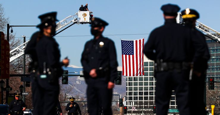 Police officers in Denver, Colo., in March 2021. From 2019 to 2020, the number of people working at local police departments and sheriffs’ offices decreased by less than 1%, according to monthly data from the Bureau of Labor Statistics.