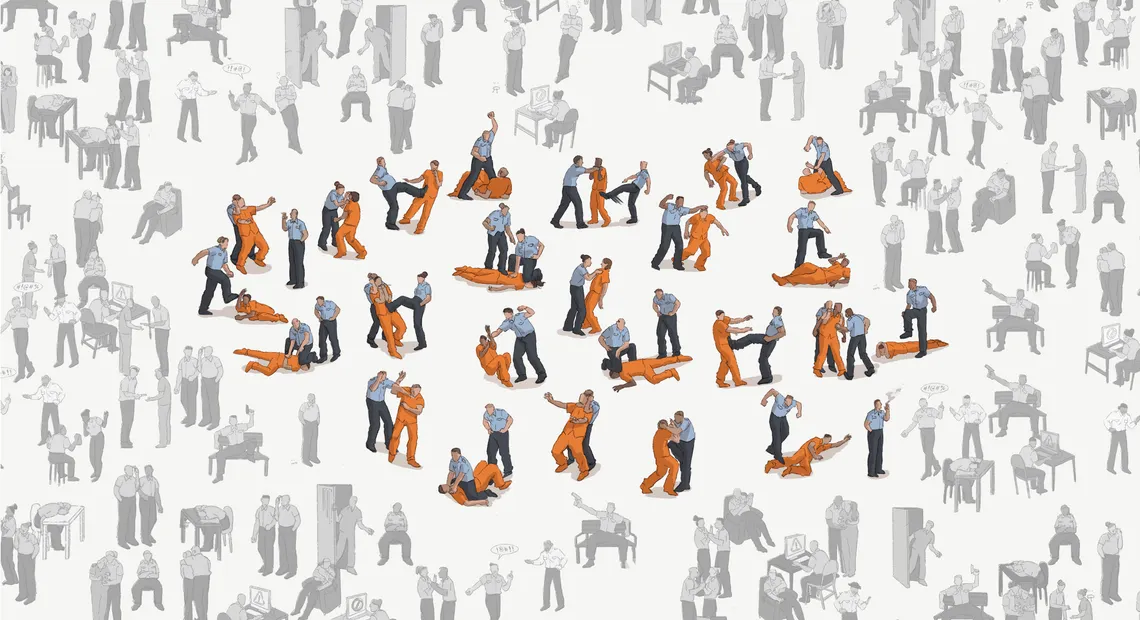 An illustration shows a group of tiny figures of correctional officers in light blue shirts and dark blue pants interacting in small groups with incarcerated people in orange prison uniforms. Some of the officers are kicking, punching, or threatening incarcerated people. A larger group of tiny figures of correctional officers and incarcerated people surround the center group but are grayed out.