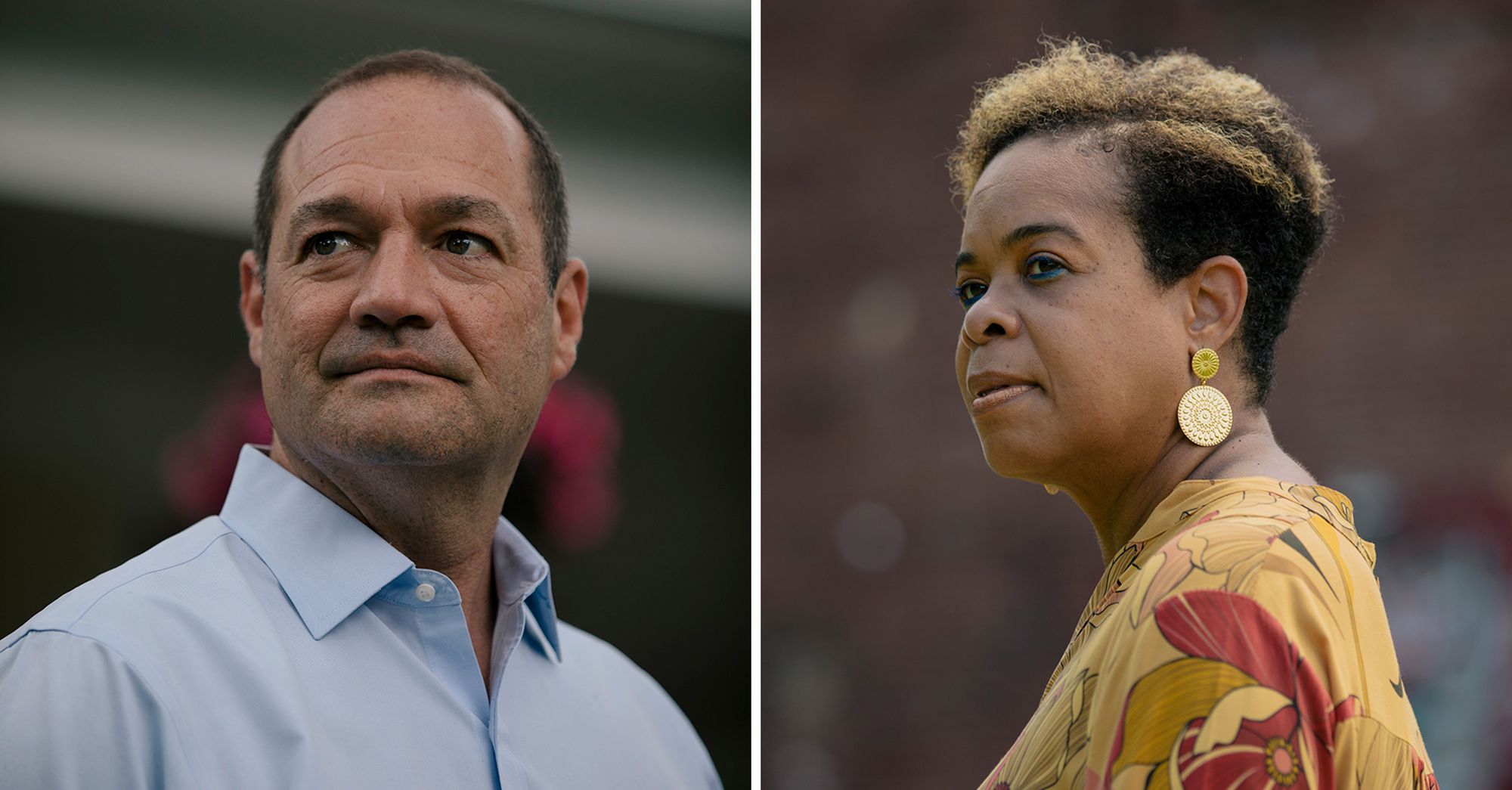 A diptych of photos with a man with light-toned skin and a light blue shirt on the left side, and a woman with dark-toned skin and a yellow flowered shirt on the right side.  