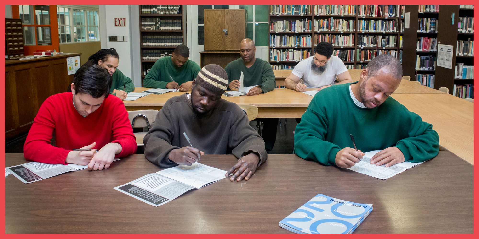 From left, front row, Hudson Link for Higher Education in Prison students Jacob Nolan, Bryon Brown and Edward Brown fill out the “News Inside” political opinion survey at Sing Sing Correctional Facility in Ossining, New York.