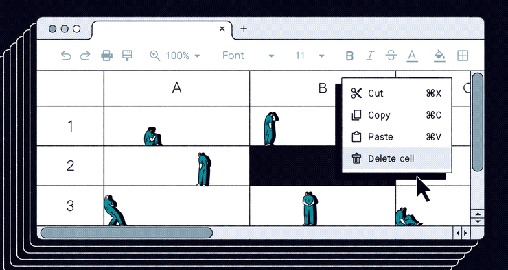 An illustration shows a spreadsheet, where the cells contain small drawn figures of people in teal-colored jumpsuits in different poses (sitting, standing, leaning). On the right is a menu of options: Cut, Copy, Paste and Delete Cell. Delete Cell is highlighted.  