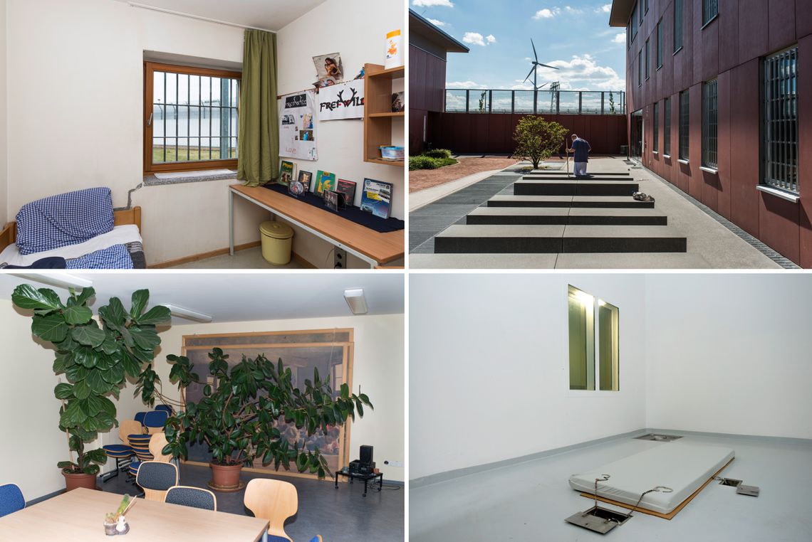 Clockwise from top left: A cell inside Neustrelitz; an inmate cleaning one of the yards at Heidering; an observation cell for violent or suicidal inmates at Waldeck Prison; the social therapy department at Waldeck. 