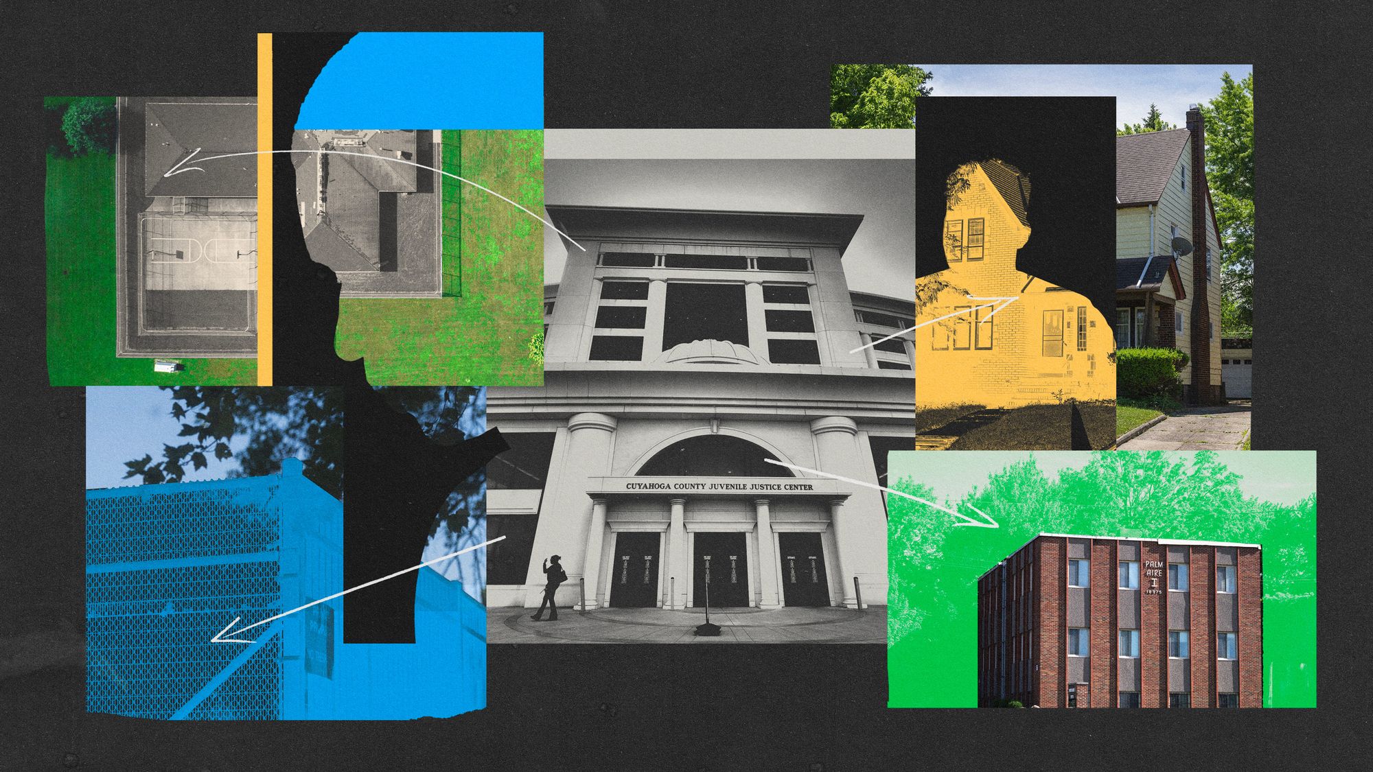 A collage illustration shows a photo of a building with a sign that says “Cuyahoga County Juvenile Justice Center,” photos of other youth care facilities and silhouetted illustrations representing youth.