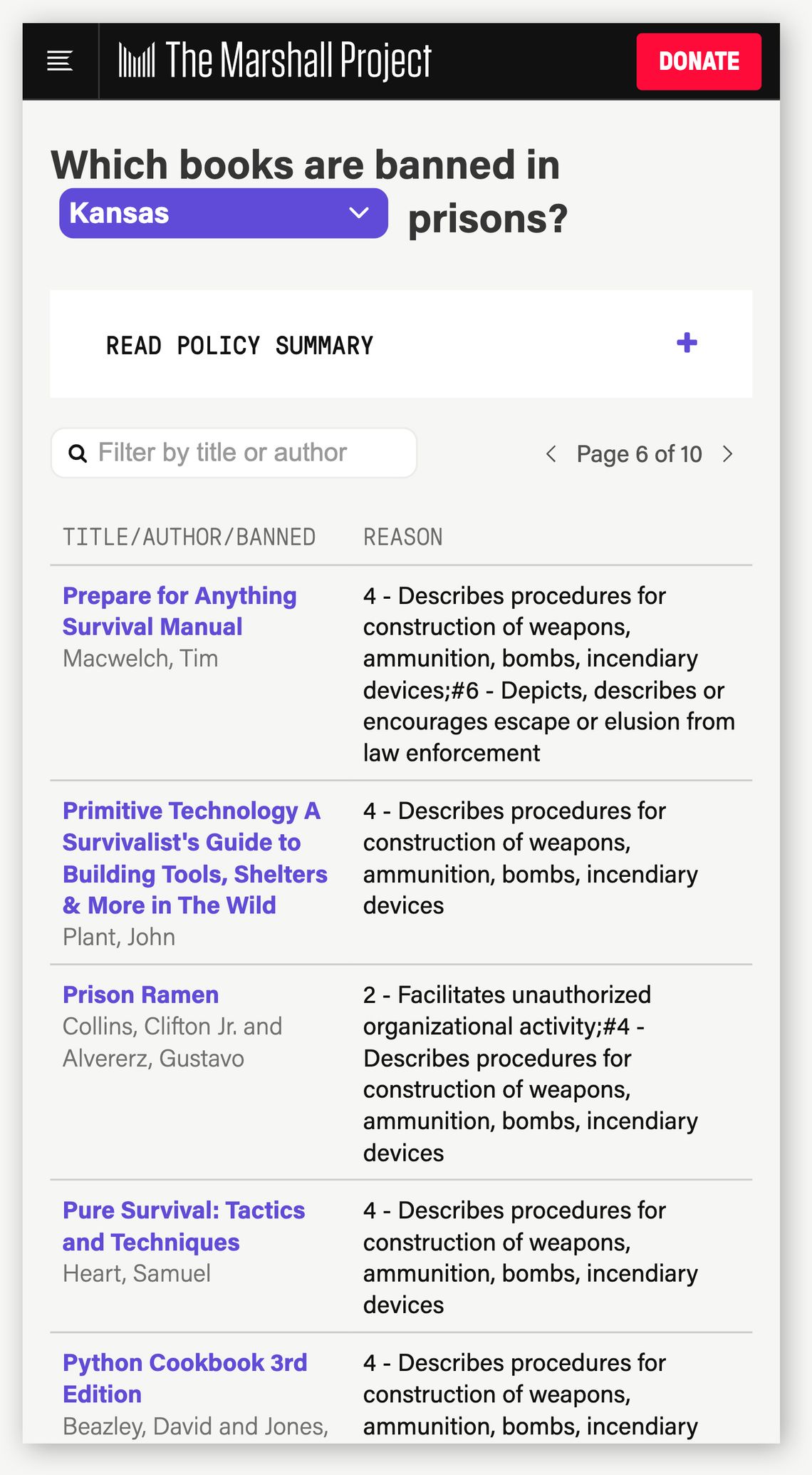 Screenshot of The Marshall Project's banned books tool, showing a selection of titles banned in Kansas prisons. The titles include "Prepare for Anything Survival Manual," "Prison Ramen" and "Python Cookbook 3rd Edition."