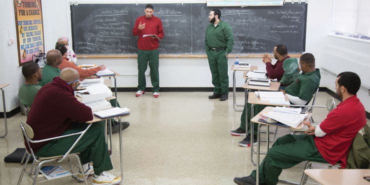 Students in the Prison-to-College Pipeline program gave a class presentation at Otisville Correctional Facility in New York in 2019. 
