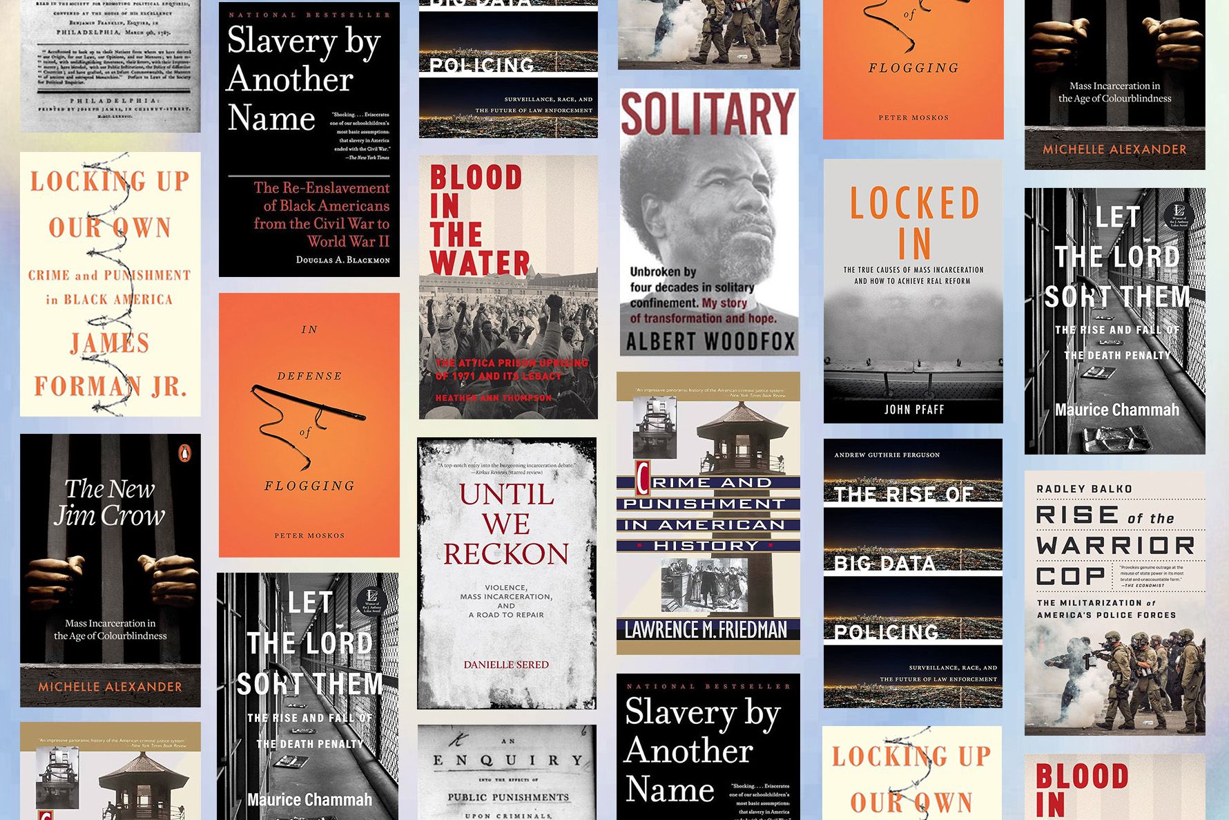 A photo illustration shows thirteen book covers in rows against a light blue-colored background: “Locking Up Our Own,” “The New Jim Crow," “Slavery by Another Name,” “In Defense of Flogging,” “Let The Lord Sort Them,” “Blood In The Water,” "Until We Reckon,” “An Enquiry into the Effects of Public Punishments,” “Solitary,” “Crime and Punishment in American History,” “Locked In,” “The Rise of Big Data Policing” and “Rise of the Warrior Cop.”
