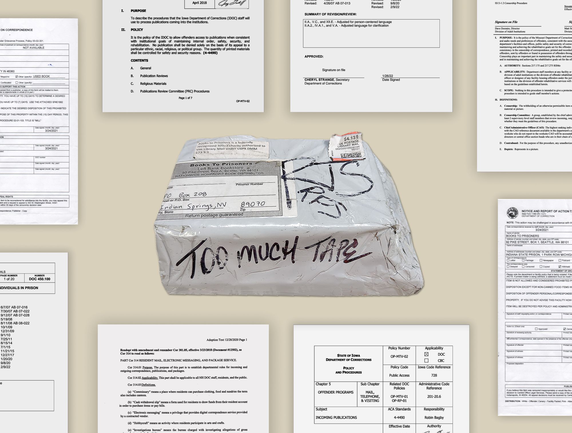 A package of books that was rejected by the Southern Desert Correctional Center in Indian Springs, Nevada, surrounded by printouts of prison policies about receiving reading material and publications from different states. The package has "Too much tape" written in marker on the side.  