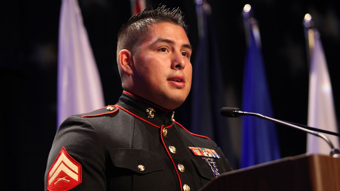 Corporal Eric Gonzalez, USMC, tells the story of how a Veterans Treatment Court saved his life during a speech at the inaugural Justice For Vets Veterans Treatment Court conference in Washington, D.C, in 2013.