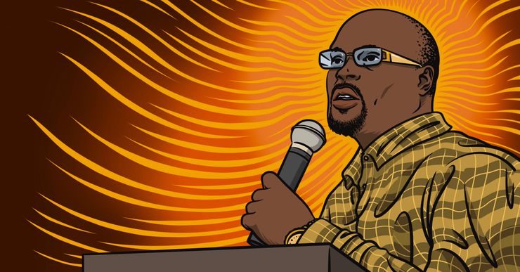 An illustration depicts Bobby Bostic, a Black man wearing glasses, a yellow flannel shirt and a gold watch, speaking into a mic at a podium. There are yellow waves and an orange glow surrounding Bobby in the background.