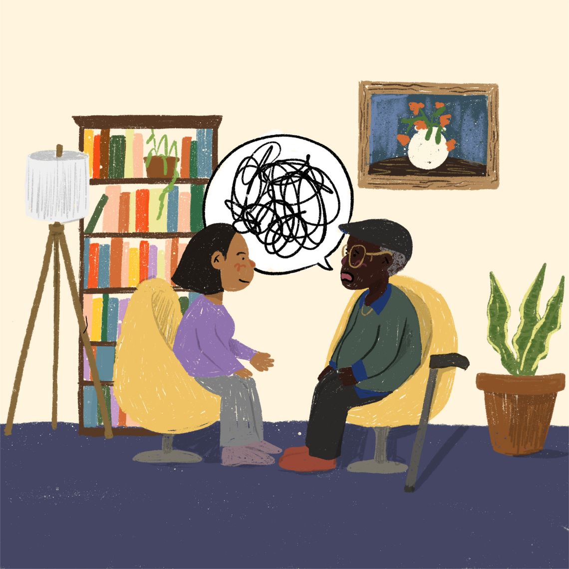 An illustration shows a tan-skinned person, wearing a purple sweater and gray pants, talking to a Black person across from them who is wearing glasses, a green sweater and black pants. A speech bubble with a scribble inside points from the Black person. In the background, there is a lamp, a bookshelf, a hanging frame and a plant.