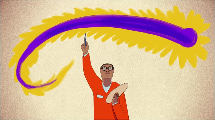 An illustration of a dark-skinned man in an orange jumpsuit carrying a painter’s palette while using a small paintbrush to create a purple comet above him. 
