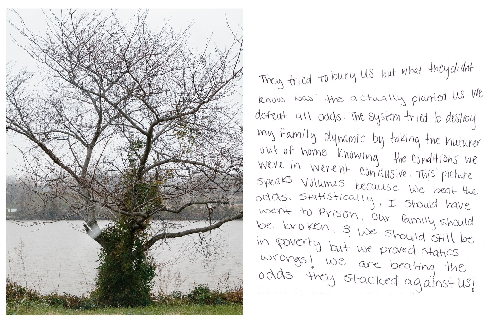 Snow and ice fall around the fruit tree where Chaney does yoga in Anacostia Park on Dec. 16, 2020. Chaney initially thought the hardest part of her mother’s incarceration would be the time she was locked up, but the real challenges came when she returned home. 