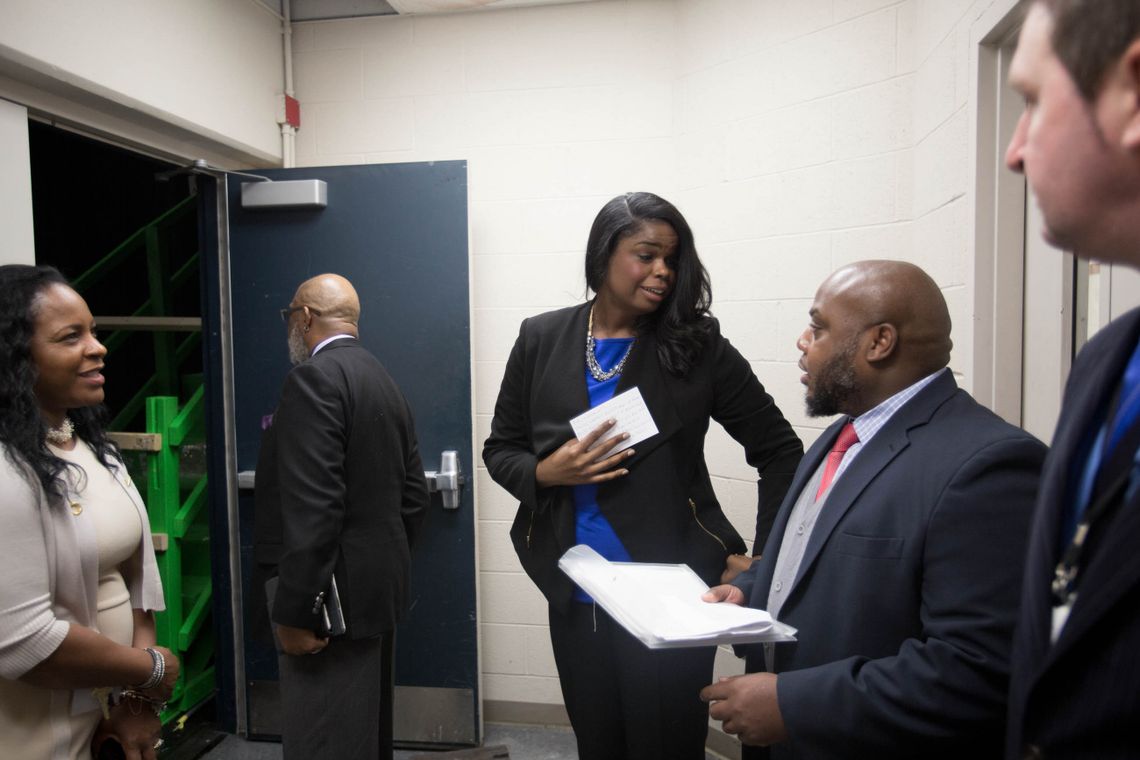 Foxx prepares to give the closing remarks at a Women in the Justice System conference in suburban Richton Park, Illinois, in 2017. 
