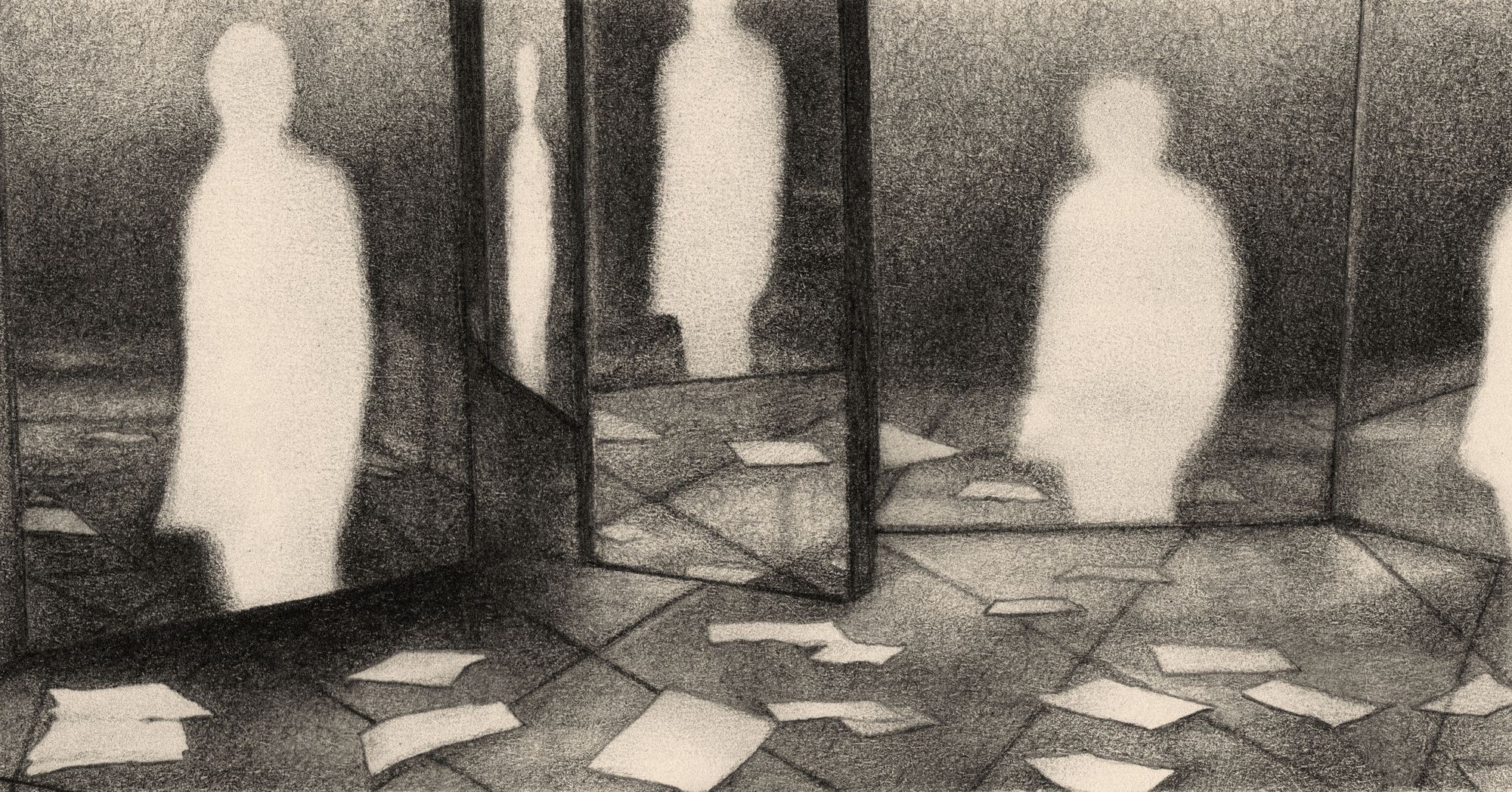A black-and-white illustration shows a room of mirrors with blank white pages scattered on the floor. A white silhouette stands inside each mirror.