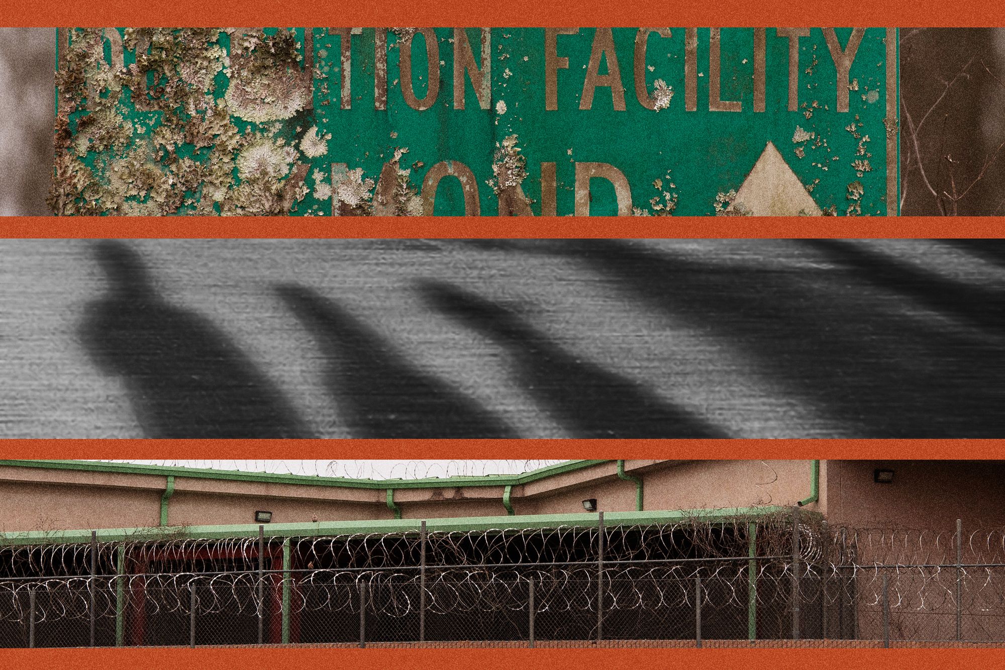 A collage shows photos of a decaying detention facility road sign with lichen, shadows of people in a line, and the exterior of a tan prison facility with a barbed-wire fence. 