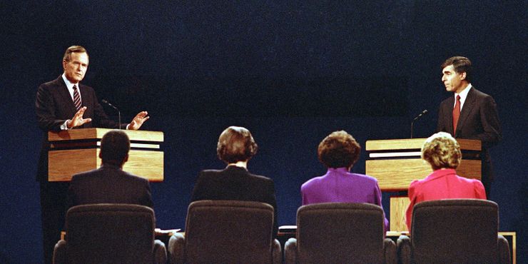 In 1988, then-Vice President George H.W. Bush, left, debated with Massachusetts Gov. Michael Dukakis during a presidential debate in Los Angeles.