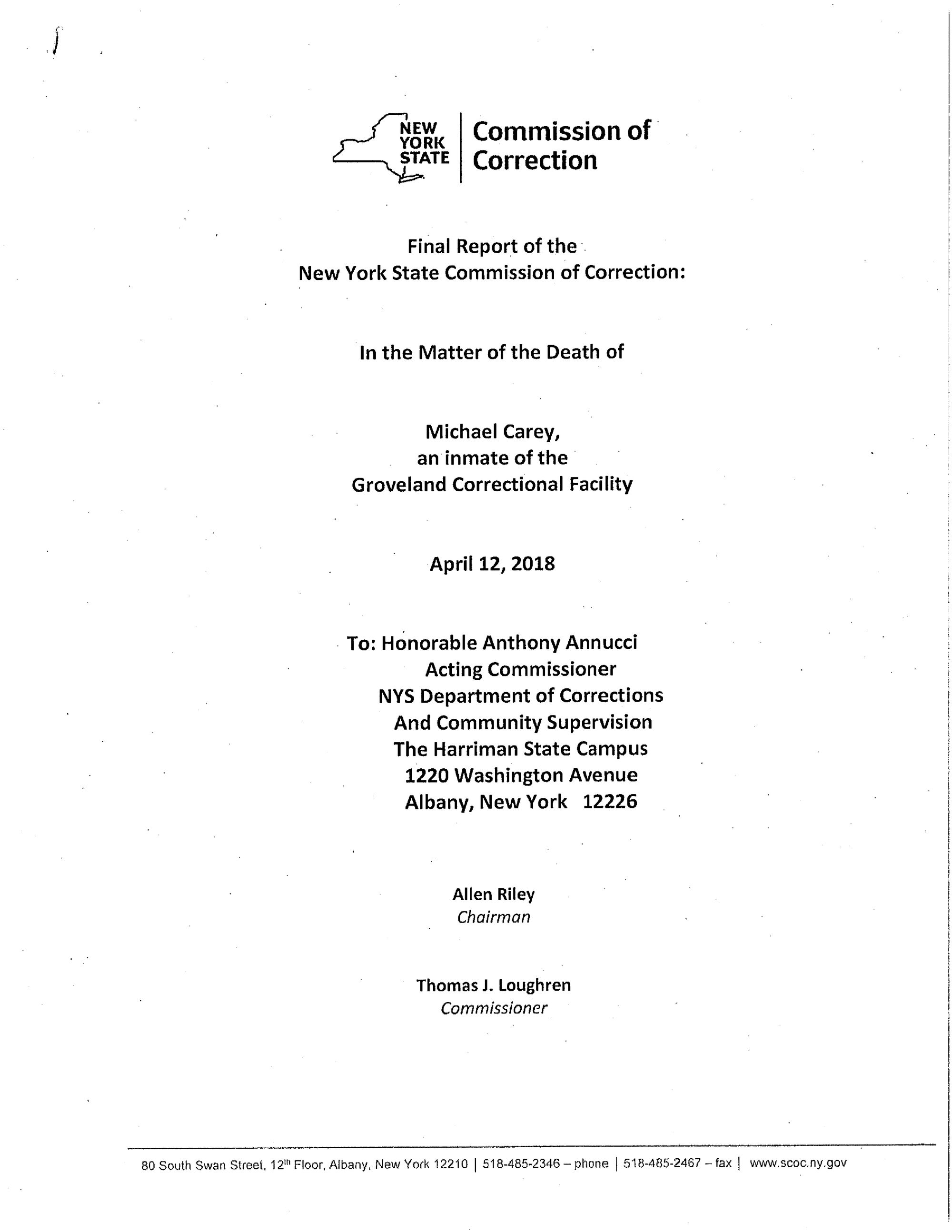 A page of text includes: “Final Report of the.
New York State Commission of Correction: In the Matter of the Death of Michael Carey, an inmate of the
Groveland Correctional Facility,
April 12, 2018.”
