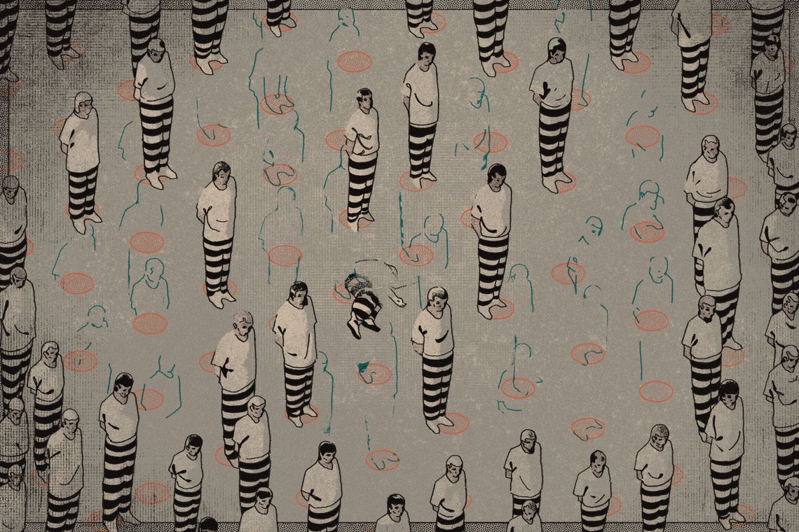 An illustration shows an overhead view of a crowd of incarcerated people wearing plain shirts and striped pants. The people are standing with their arms behind their backs while one person, shown with a faded outline, lies on the floor. Between the people are faded blue outlines of other incarcerated people over orange circles.