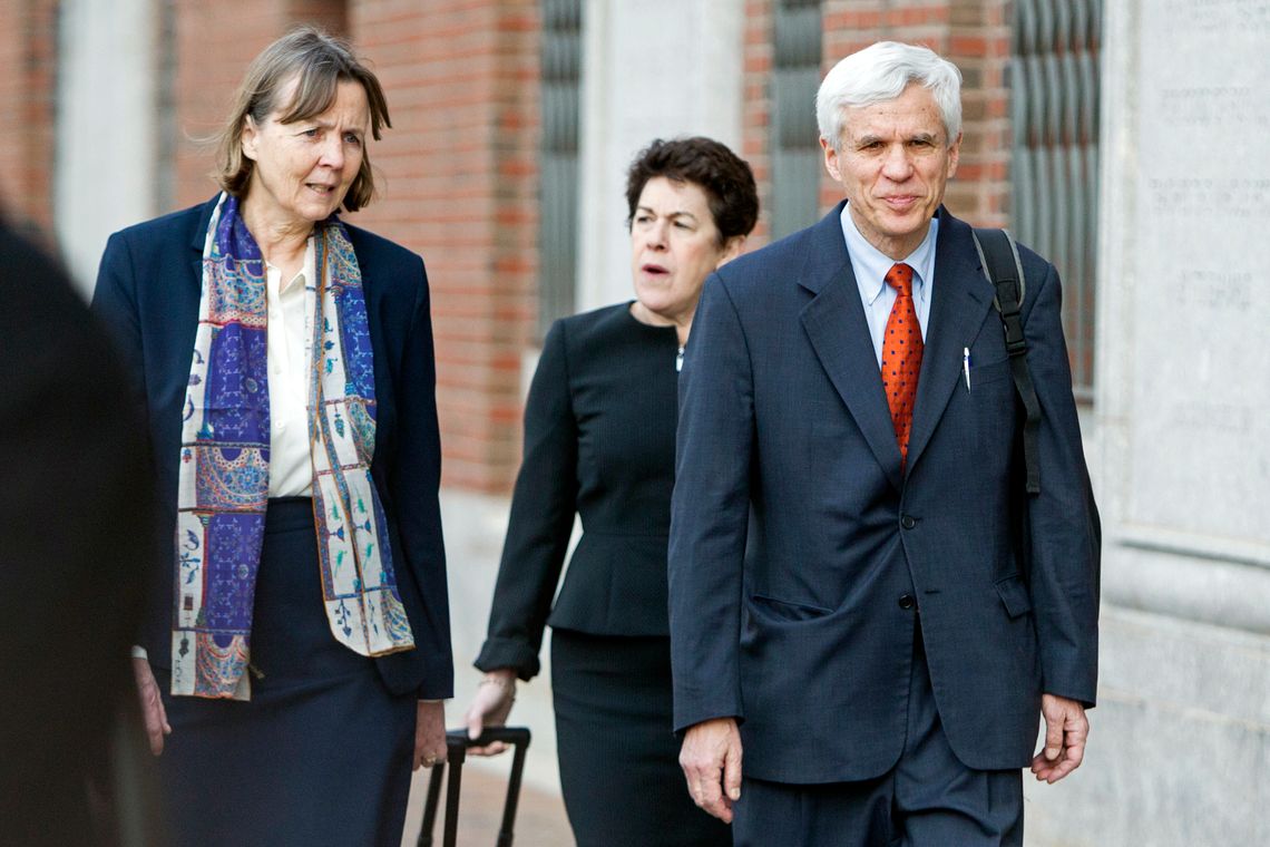 David Bruck, right, with members of the legal defense team for Boston Marathon bombing suspect Dzhokhar Tsarnaev, including Judith Clarke, left, and Miriam Conrad in April. 