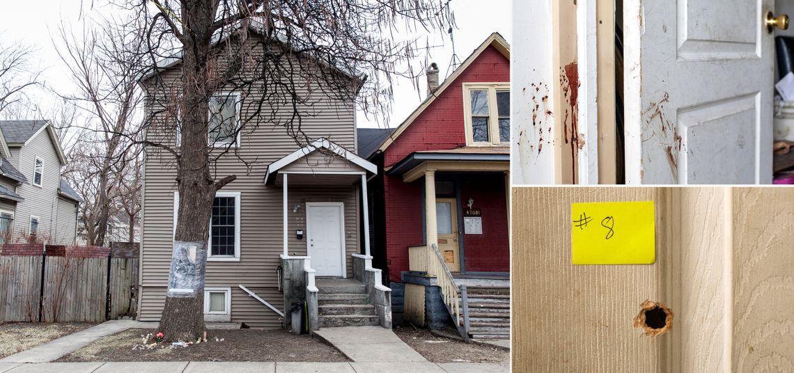 Clockwise from left: A memorial outside the building where Bettie Jones, 55, and Quintonio LeGrier, 19, were killed a day after Christmas; blood remained on the door in the vestibule weeks after Jones was killed; one of the bullet holes that had been marked as evidence. 