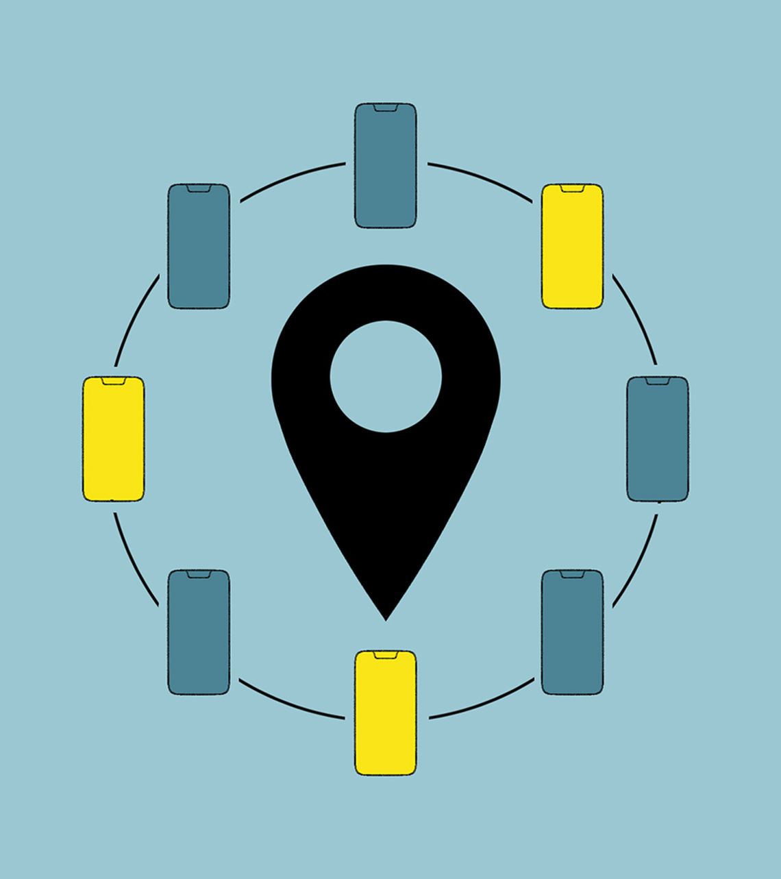 An illustration shows a location pin symbol inside a ring of cell phones. The illustration has a mostly blue color scheme. Three of the phones are colored yellow.