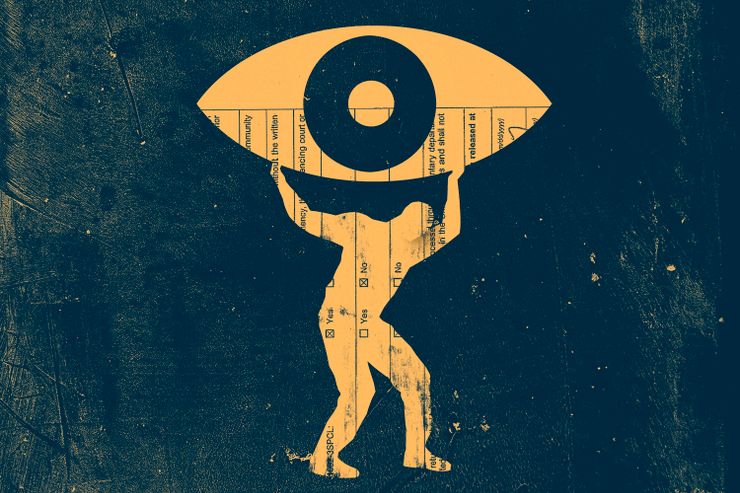 An illustration shows a yellow silhouette hunched over as it lifts a large eye, against a grunge blue and yellow background. 