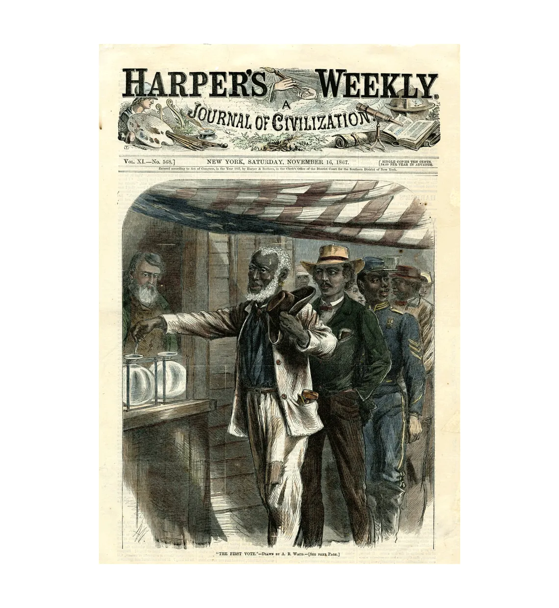 An illustration from an 1867 issue of Harper’s Weekly shows freedmen and U.S. Colored Troops veterans exercising their newly granted right to vote.