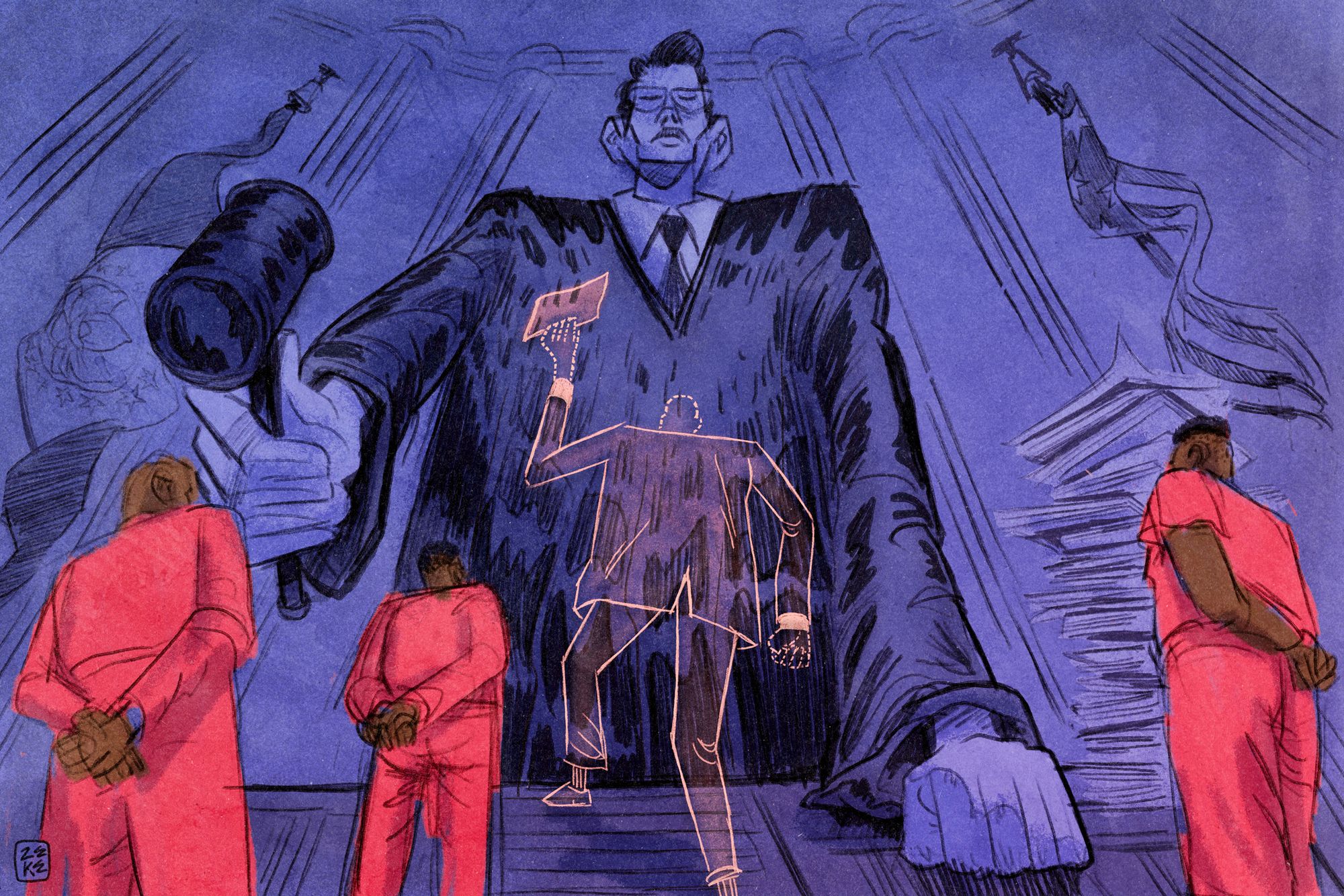An illustration shows an outline of a lawyer raising their arm up while holding a document. The lawyer stands in front of a judge, who is also holding a gavel. People in orange prison uniforms stand in the foreground. 