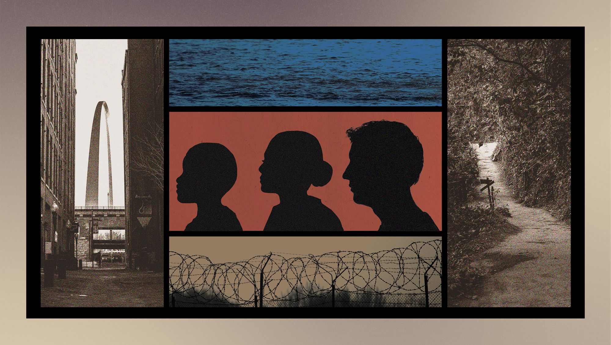 A collage illustration shows images of the city of St. Louis, a river, three silhouettes, barbed wire, and a pathway surrounded by foliage. 