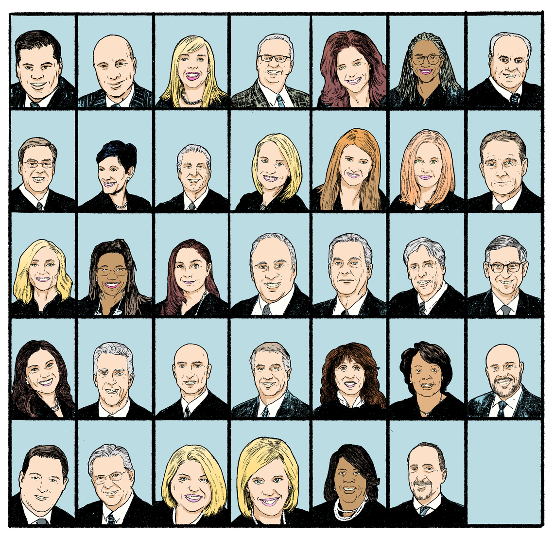 A grid of illustrated headshots of the 34 judges who hear felony criminal cases in the Cuyahoga County Court of Common Pleas. 