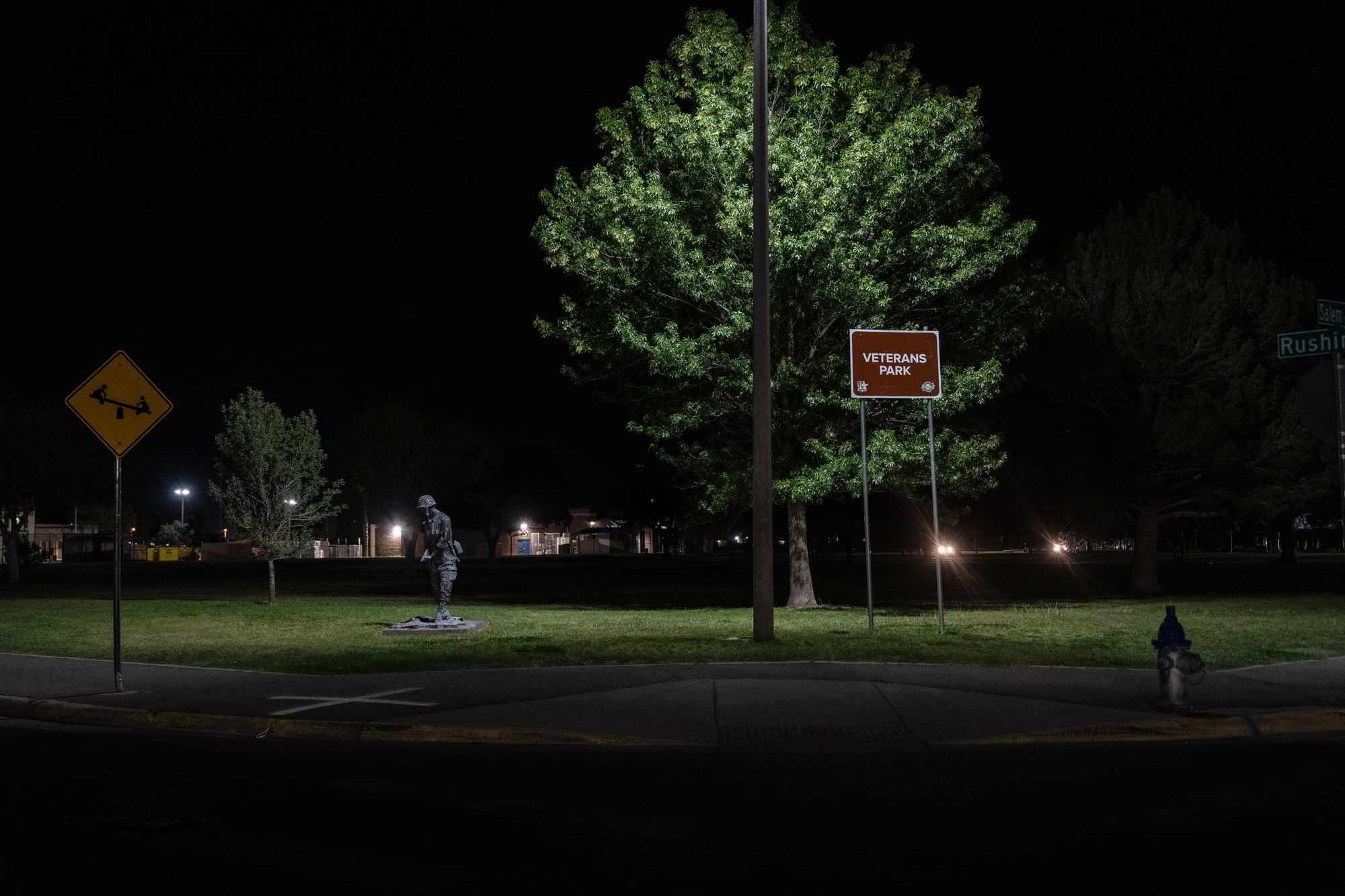 A photo shows a night scene with a few trees, a statue and the pole of a streetlamp. A brown sign says “Veterans Park.” 