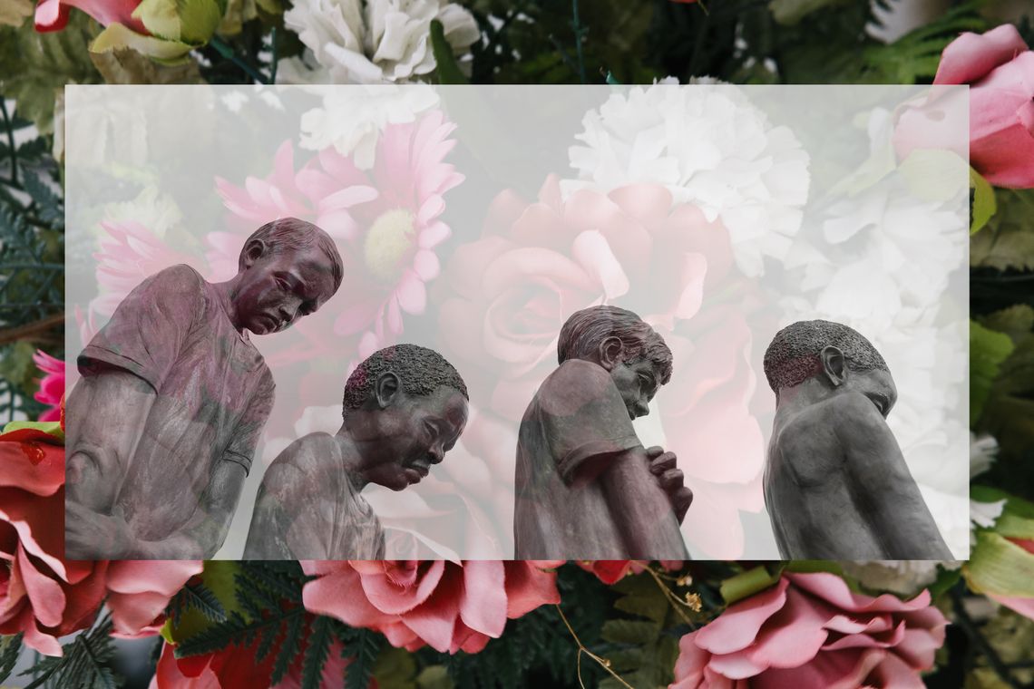 A photo of statues of four boys, with their faces turned downward, is overlaid on a photo of pink, red and white flowers.