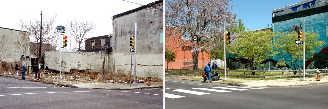 The corner of Norris St. and 5th St. in 2003, left, and in 2013, right, in Philadelphia, Pa. 