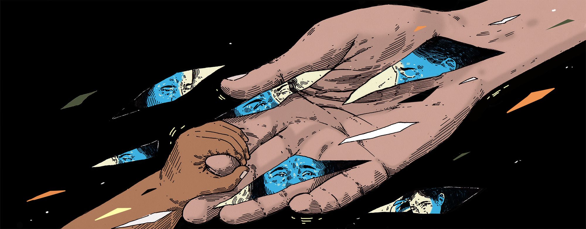 An illustration shows a dark brown-skinned baby's hand gripping the index finger of a light brown adult hand against a black background. Shreds of paper showing a woman's varying expressions of worry overlap on top of the image of the two hands. 