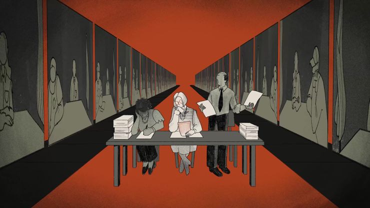 An illustration of a parole board table with two women seated and looking through paperwork while a man in a tie stands as he reads papers in his hands. Images of parole board hearings hang on the walls. 
