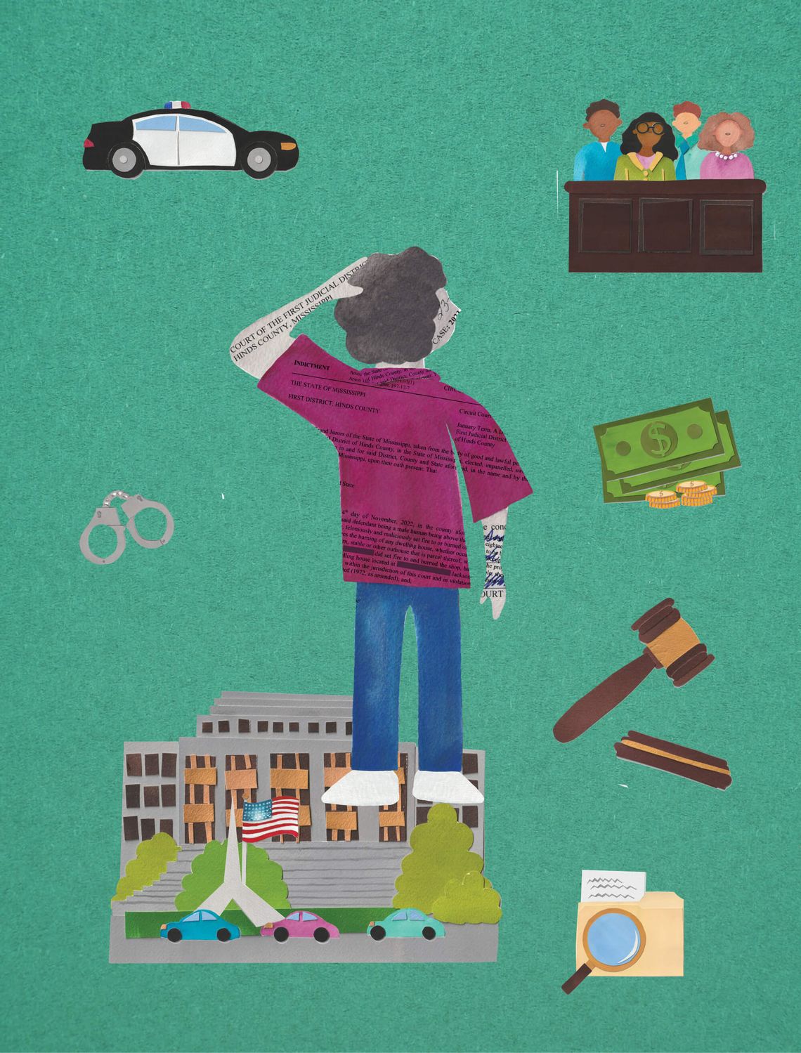 Paper cutout collage with a person looking confused in the center, surrounded by: handcuffs, police car, gavel, manilla envelope with magnifying glass, money, people in front of a jury stand.