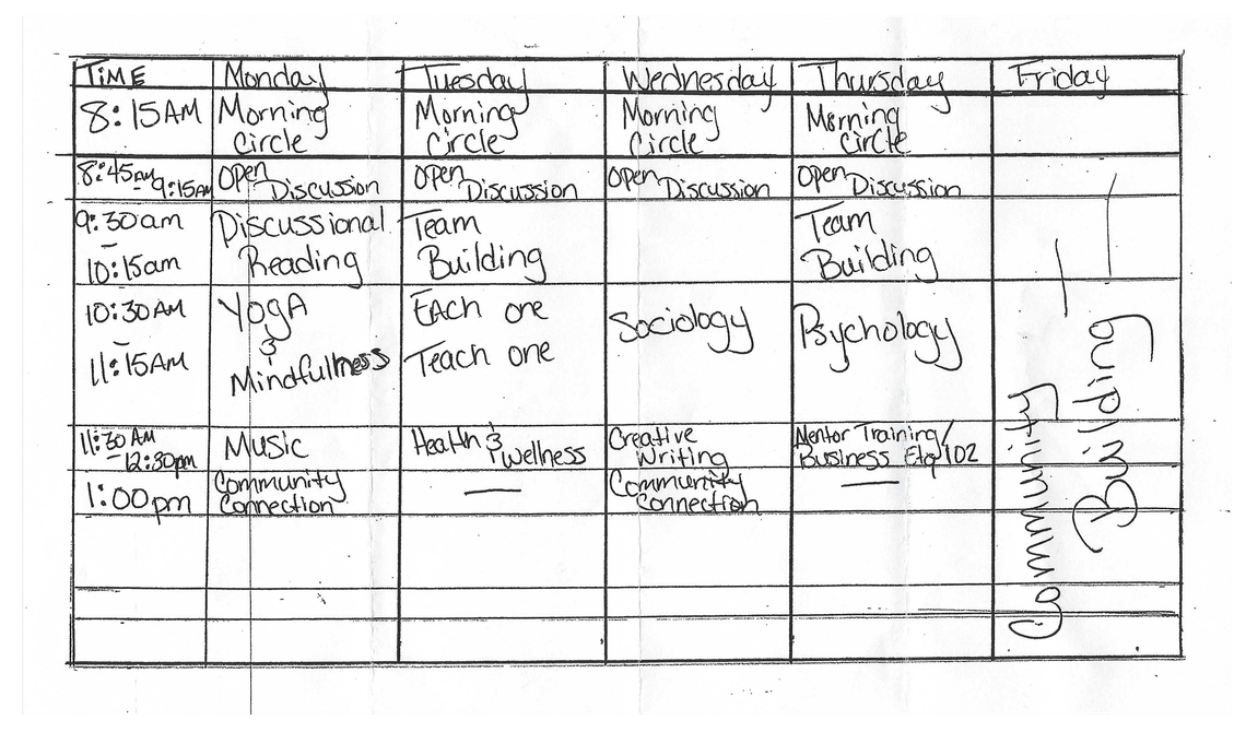 A piece of paper shows a schedule of activities from Monday to Friday in a table. From 8:15 a.m. to 1 p.m. throughout the week, activities like “Morning Circle”, “Open Discussion”, “Discussional Reading”, “Yoga and Mindfullness”, “Music”, “Community Connection”, “Health and Wellness”, and “Creative Writing” are scheduled.