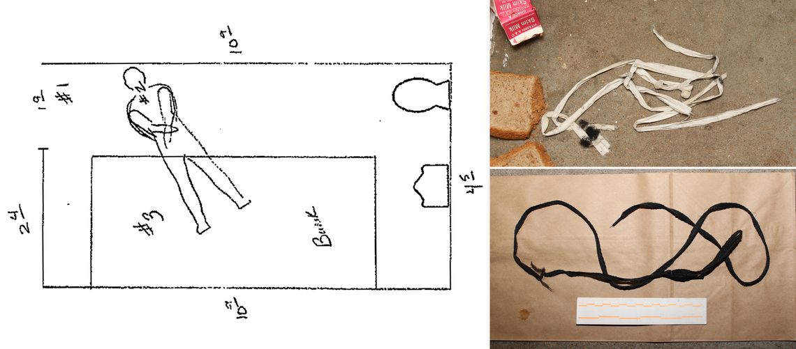 Clockwise from left: A diagram of Simmons' and Sesson's solitary cell after the murder; the torn piece of bed sheet Sesson initially used to strangle Simmons; the shoelace that Sesson ultimately used. 