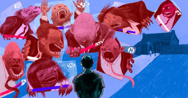 An illustration shows the back of a prisoner being surrounded by several screaming individuals coming out of floating news screens. In the background, there is a distant prison.