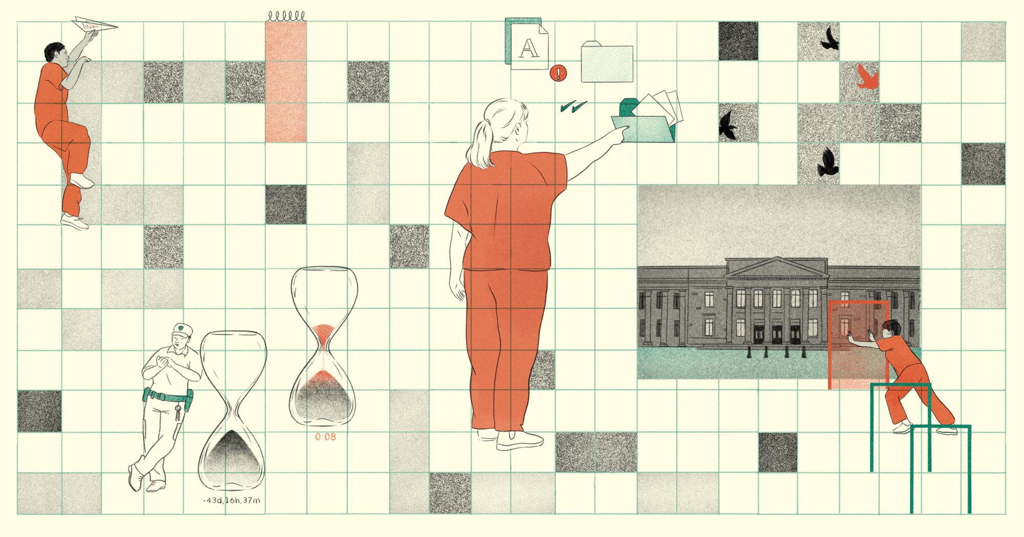 An illustration with a pale yellow background shows, at center, a woman in an orange prison uniform reaching towards a manila folder with papers coming out of it. In the upper left corner of the illustration, there is a man in a prison uniform holding a paper plane above his head. Below him and to the right, there is a prison official looking at his hands while leaning on an hourglass whose sand has run to the bottom. Next to that is another hourglass that has a little bit of sand remaining at the top that is flowing to the bottom. On the right side of the illustration is a courthouse and a person in a prison uniform trying to push against a door frame. Above that are birds. Scattered around the illustration are gray and green blocks and shapes, and over the entire illustration, there is a grid made up of thin light green lines.