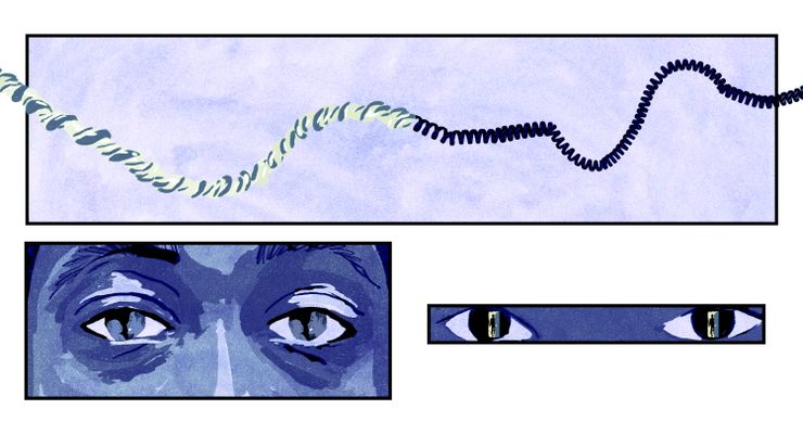 A blue-toned illustration shows an umbilical cord turning into a telephone cord, the eyes of a middle-aged man and the eyes of a young woman. Inside the man’s pupils is a Black man smiling at a baby. Inside the young woman’s pupils is the figure of a man leaving through a doorway. 